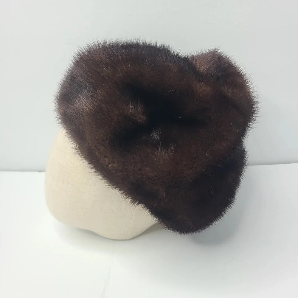 Vtg 60s Sears Real Mink Fur Pillbox Hat Dark Brown Cossack Winter Mob Wife